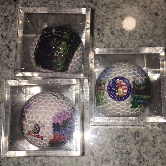 3-Hand Painted 2003 2004 2005 US Open Golf Ball Olympia Shinnecock Pinehurst